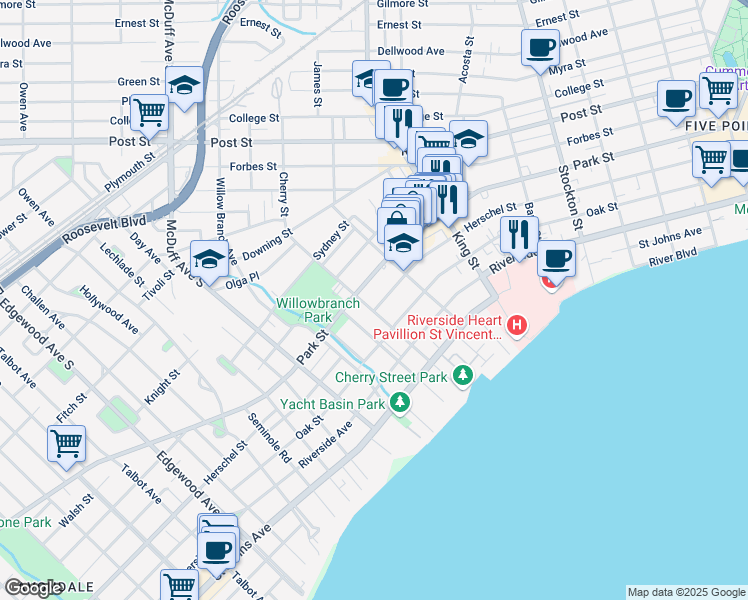 map of restaurants, bars, coffee shops, grocery stores, and more near 2820 Herschel Street in Jacksonville