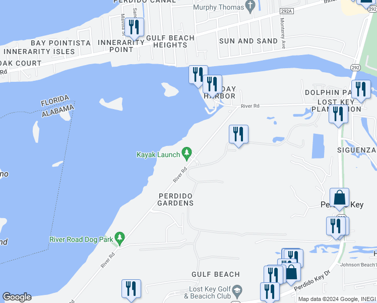 map of restaurants, bars, coffee shops, grocery stores, and more near 14300 River Road in Pensacola