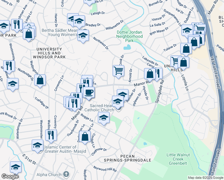 map of restaurants, bars, coffee shops, grocery stores, and more near 6107 Manor Road in Austin