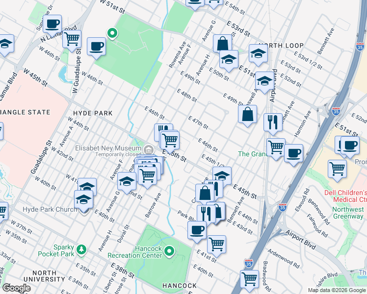 map of restaurants, bars, coffee shops, grocery stores, and more near 4505 Duval Street in Austin