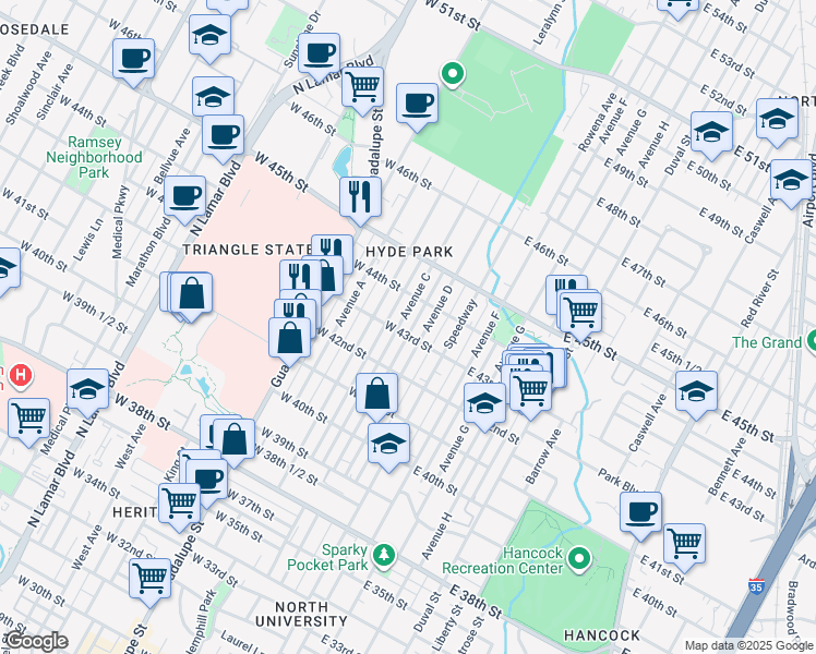 map of restaurants, bars, coffee shops, grocery stores, and more near 4303 Avenue C in Austin