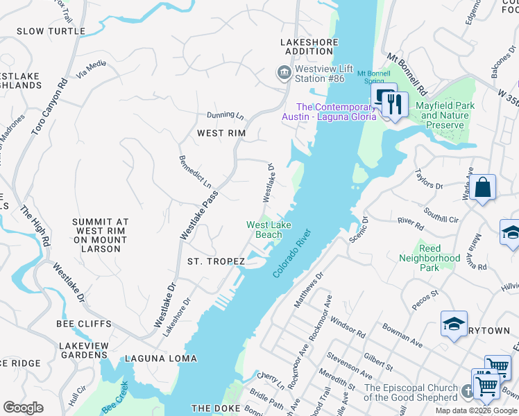 map of restaurants, bars, coffee shops, grocery stores, and more near 2604 Westlake Drive in Austin