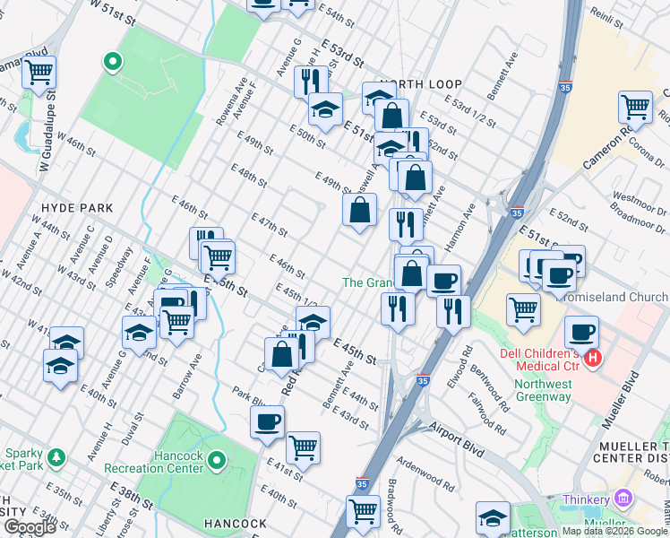 map of restaurants, bars, coffee shops, grocery stores, and more near 807 East 47th Street in Austin