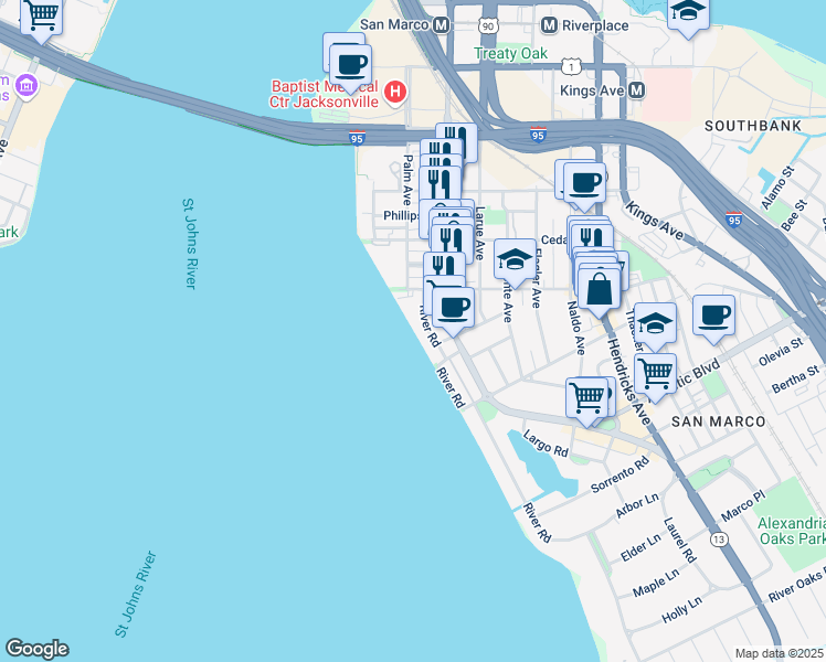 map of restaurants, bars, coffee shops, grocery stores, and more near 1662 River Road in Jacksonville