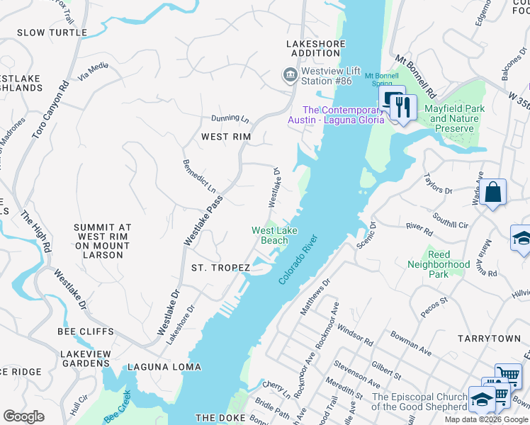 map of restaurants, bars, coffee shops, grocery stores, and more near 2604 Westlake Drive in Austin