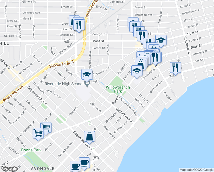 map of restaurants, bars, coffee shops, grocery stores, and more near Sydney St & Willow Ct in Jacksonville