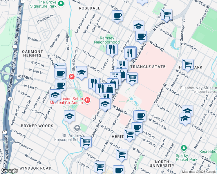 map of restaurants, bars, coffee shops, grocery stores, and more near 1101 West 39th 1/2 Street in Austin