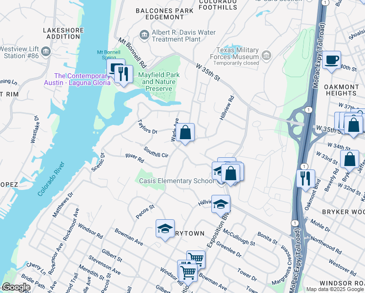map of restaurants, bars, coffee shops, grocery stores, and more near 2801 Pecos Street in Austin