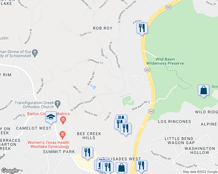 map of restaurants, bars, coffee shops, grocery stores, and more near 18 Saint Stephens School Road in Austin