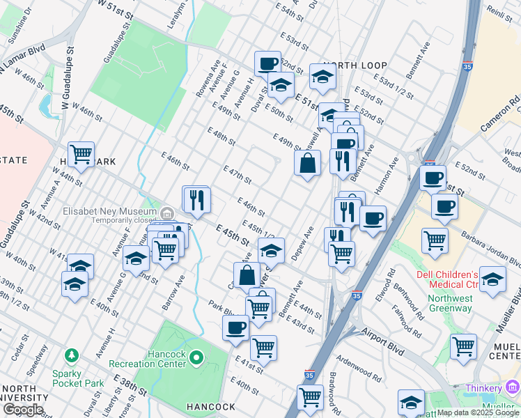 map of restaurants, bars, coffee shops, grocery stores, and more near 704 East 46th Street in Austin