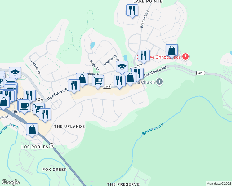 map of restaurants, bars, coffee shops, grocery stores, and more near 11813 Bee Caves Road in Bee Cave