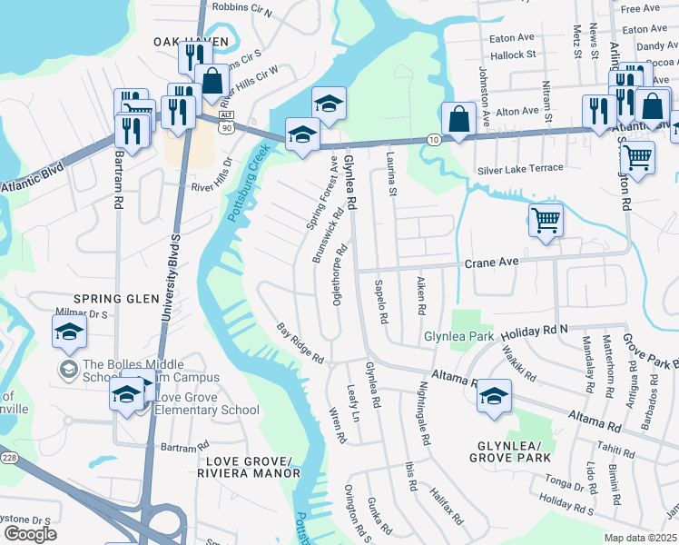 map of restaurants, bars, coffee shops, grocery stores, and more near 411 Oglethorpe Road in Jacksonville