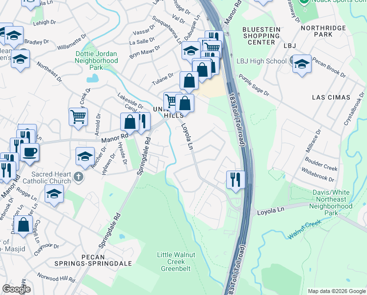 map of restaurants, bars, coffee shops, grocery stores, and more near 6505 Ashland Circle in Austin