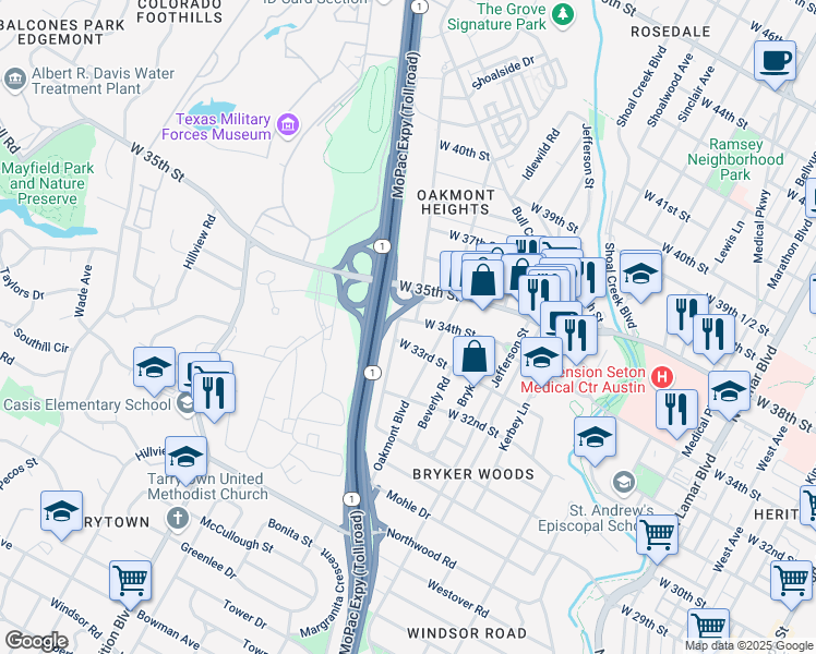 map of restaurants, bars, coffee shops, grocery stores, and more near 1911 West 34th Street in Austin