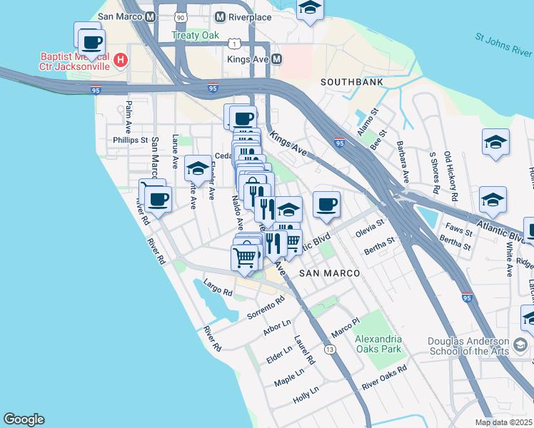 map of restaurants, bars, coffee shops, grocery stores, and more near 1516 Landon Avenue in Jacksonville