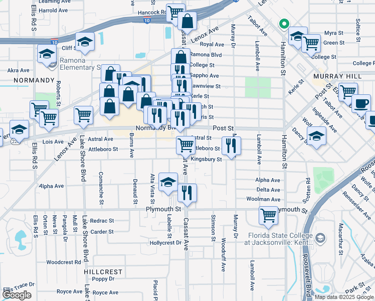 map of restaurants, bars, coffee shops, grocery stores, and more near 1065 Cassat Avenue in Jacksonville