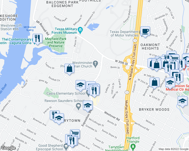 map of restaurants, bars, coffee shops, grocery stores, and more near 2703 Mountain Laurel Lane in Austin