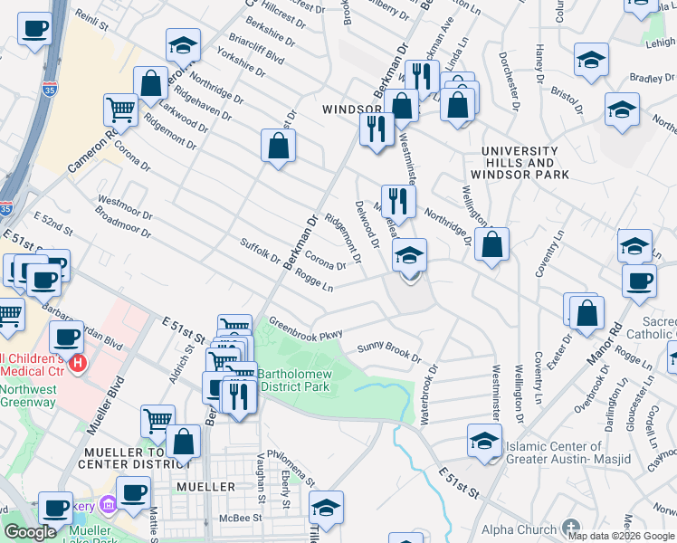 map of restaurants, bars, coffee shops, grocery stores, and more near 1903 Corona Drive in Austin