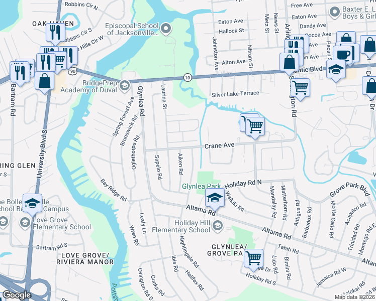 map of restaurants, bars, coffee shops, grocery stores, and more near 406 Nightingale Road in Jacksonville