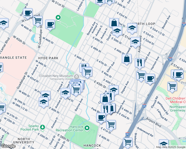 map of restaurants, bars, coffee shops, grocery stores, and more near 4505 Duval Street in Austin