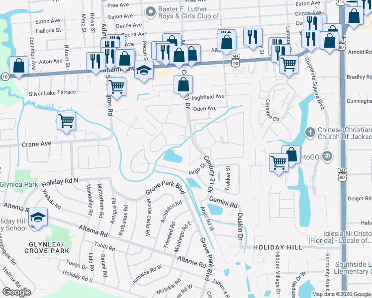 map of restaurants, bars, coffee shops, grocery stores, and more near 532 Eiseman Way in Jacksonville