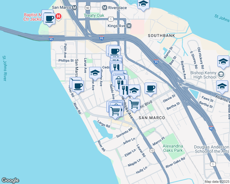 map of restaurants, bars, coffee shops, grocery stores, and more near 1715 Naldo Avenue in Jacksonville