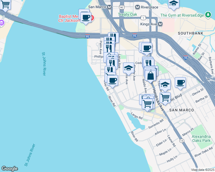 map of restaurants, bars, coffee shops, grocery stores, and more near 1662 River Road in Jacksonville