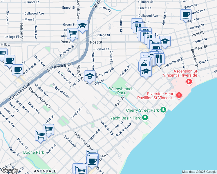 map of restaurants, bars, coffee shops, grocery stores, and more near 1235 Willow Court in Jacksonville