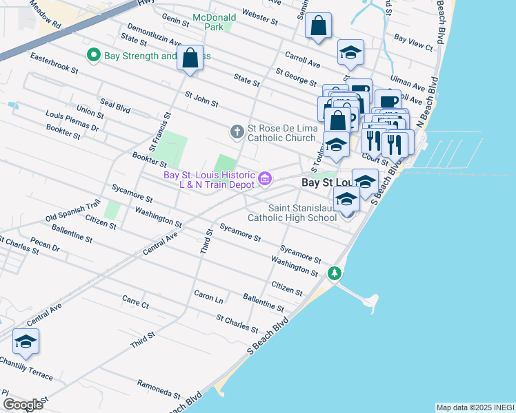 map of restaurants, bars, coffee shops, grocery stores, and more near 218 Bookter Street in Bay St. Louis