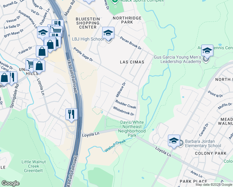 map of restaurants, bars, coffee shops, grocery stores, and more near 6908 Millrace Drive in Austin