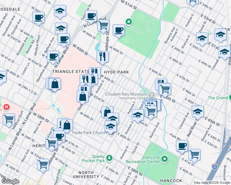map of restaurants, bars, coffee shops, grocery stores, and more near 4303 Avenue C in Austin