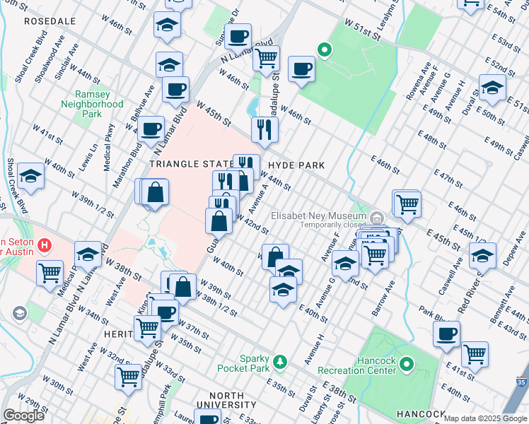 map of restaurants, bars, coffee shops, grocery stores, and more near 311 West 43rd Street in Austin