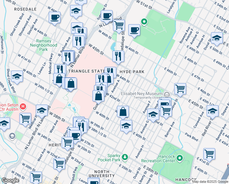 map of restaurants, bars, coffee shops, grocery stores, and more near 4202 Avenue A in Austin