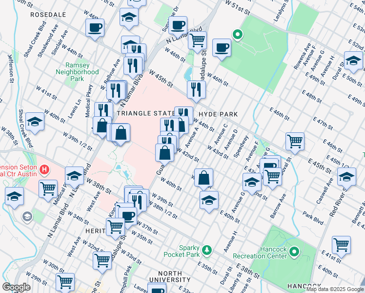 map of restaurants, bars, coffee shops, grocery stores, and more near 4202 Avenue A in Austin