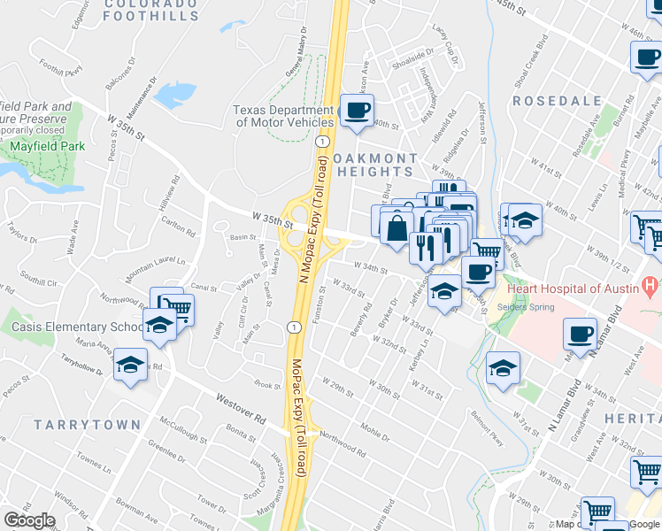 map of restaurants, bars, coffee shops, grocery stores, and more near 1911 West 34th Street in Austin