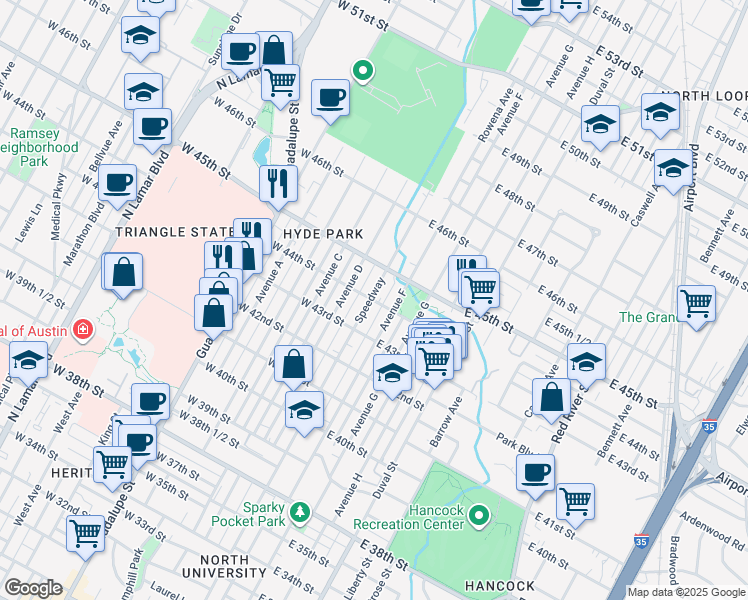 map of restaurants, bars, coffee shops, grocery stores, and more near 4310 Speedway in Austin