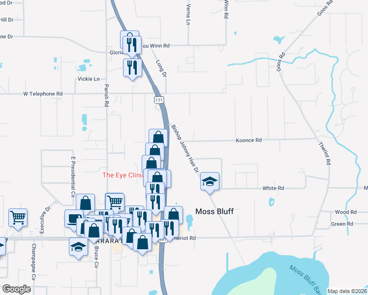 map of restaurants, bars, coffee shops, grocery stores, and more near 531 Old Highway 171 in Moss Bluff