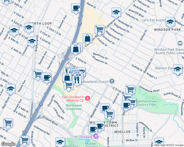 map of restaurants, bars, coffee shops, grocery stores, and more near 1308 East 51st Street in Austin