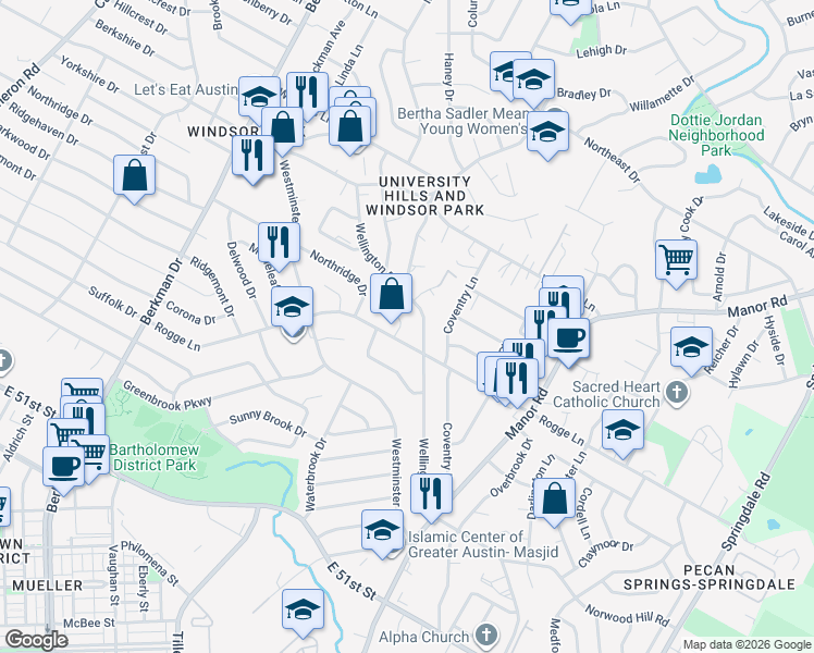 map of restaurants, bars, coffee shops, grocery stores, and more near 5705 Wight Cove in Austin