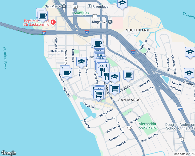 map of restaurants, bars, coffee shops, grocery stores, and more near 1715 Naldo Avenue in Jacksonville