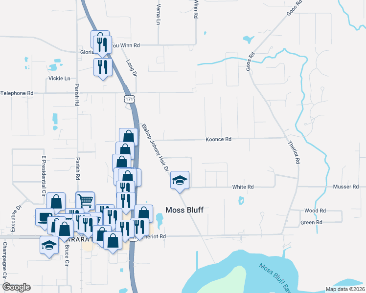 map of restaurants, bars, coffee shops, grocery stores, and more near 539 Koonce Rd in Lake Charles