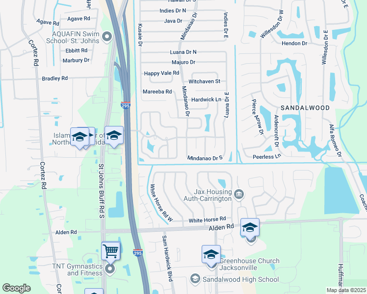 map of restaurants, bars, coffee shops, grocery stores, and more near 2320 Mindanao Drive in Jacksonville
