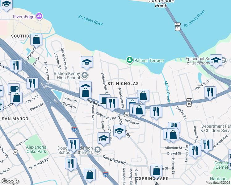 map of restaurants, bars, coffee shops, grocery stores, and more near 1409 Monticello Road in Jacksonville