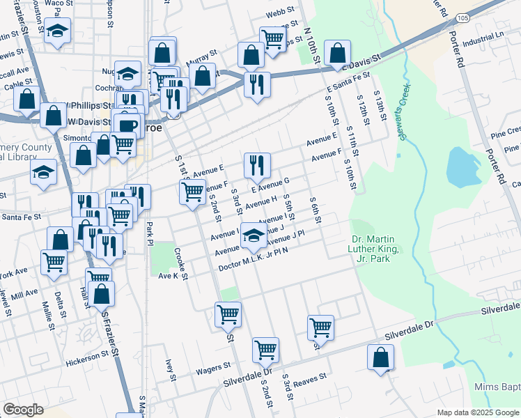 map of restaurants, bars, coffee shops, grocery stores, and more near 513 Avenue H in Conroe