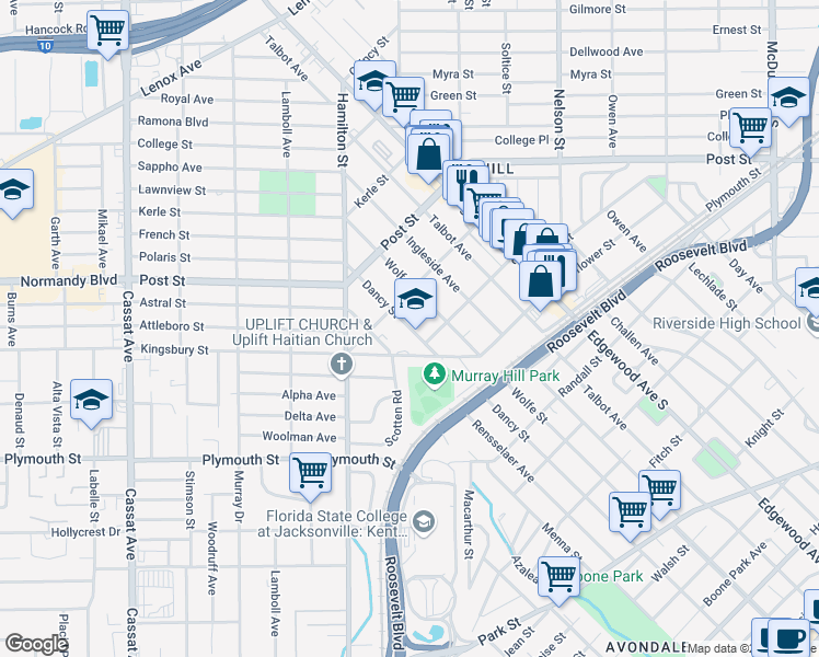 map of restaurants, bars, coffee shops, grocery stores, and more near 1090 Dancy Street in Jacksonville