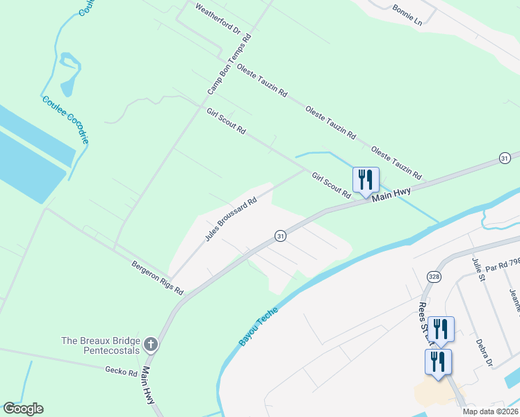 map of restaurants, bars, coffee shops, grocery stores, and more near 1041 Jules Broussard Road in Breaux Bridge