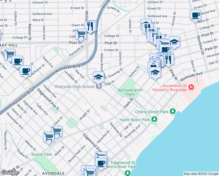 map of restaurants, bars, coffee shops, grocery stores, and more near 1218 Willow Branch Avenue in Jacksonville