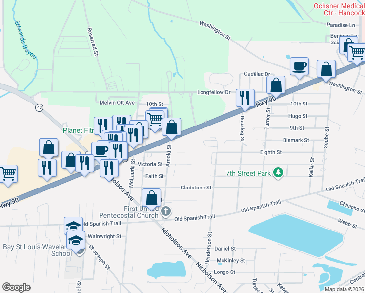 map of restaurants, bars, coffee shops, grocery stores, and more near 733 Elaine Street in Waveland