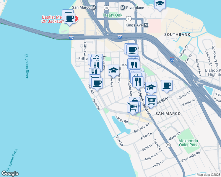 map of restaurants, bars, coffee shops, grocery stores, and more near 1652 Belmonte Avenue in Jacksonville