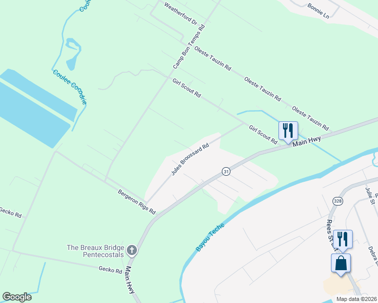 map of restaurants, bars, coffee shops, grocery stores, and more near 1059 Jules Broussard Road in Breaux Bridge
